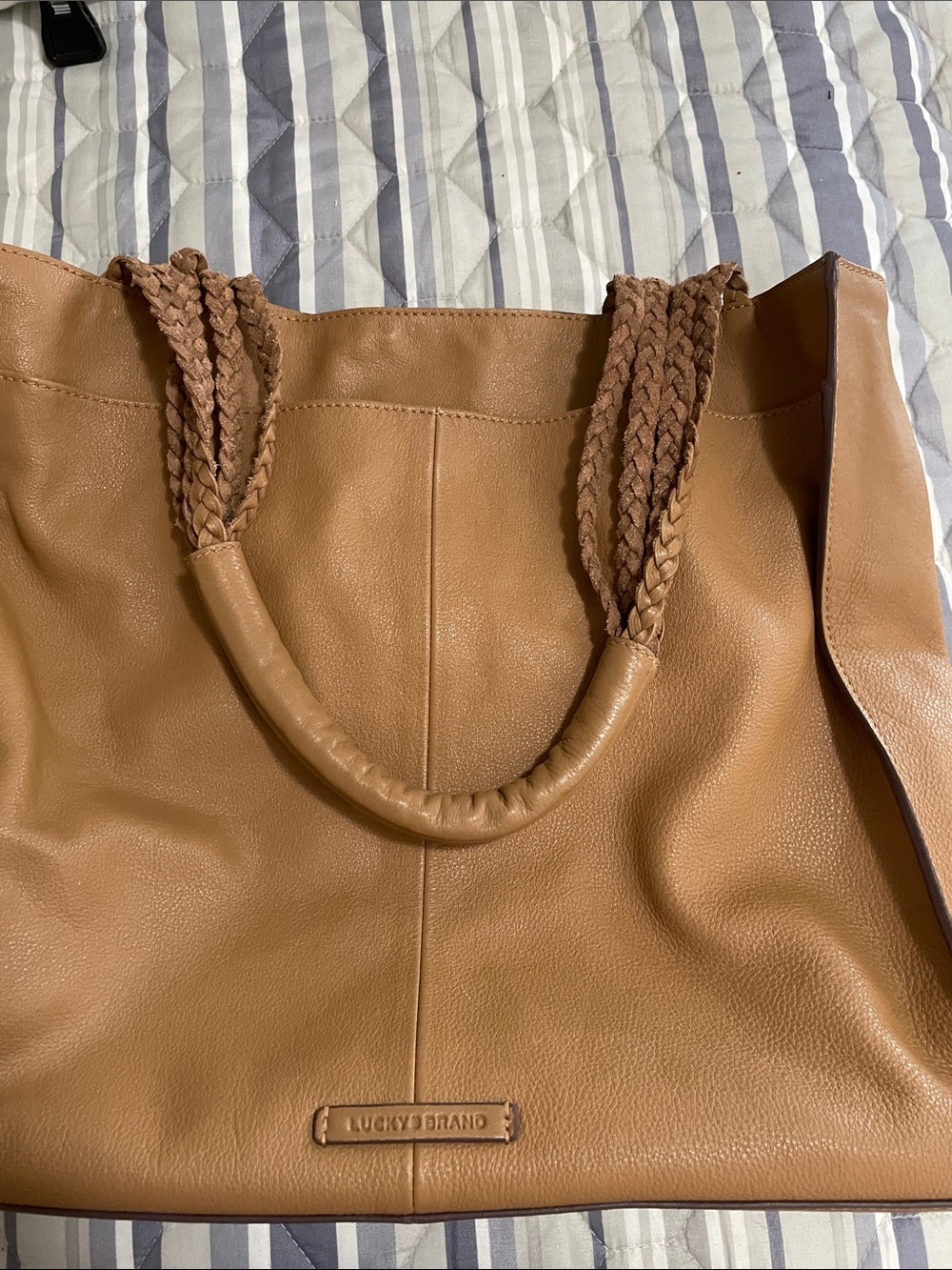 Lucky Brand Camel Brown Leather Braided-Handle Tote